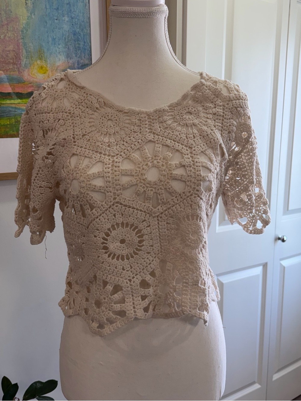 Rebellion Again Cream Full Cotton Crochet Open-Knit Crop Top XL Boho 100% Cotton